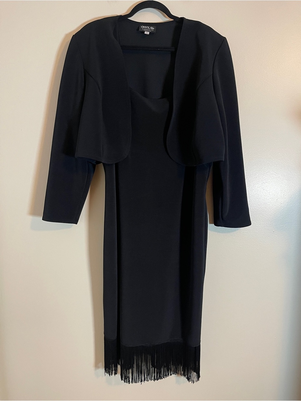 Onyx Nite Dress Set Womens 20 Black Fringe Sheath Midi Cropped Jacket Party Chic